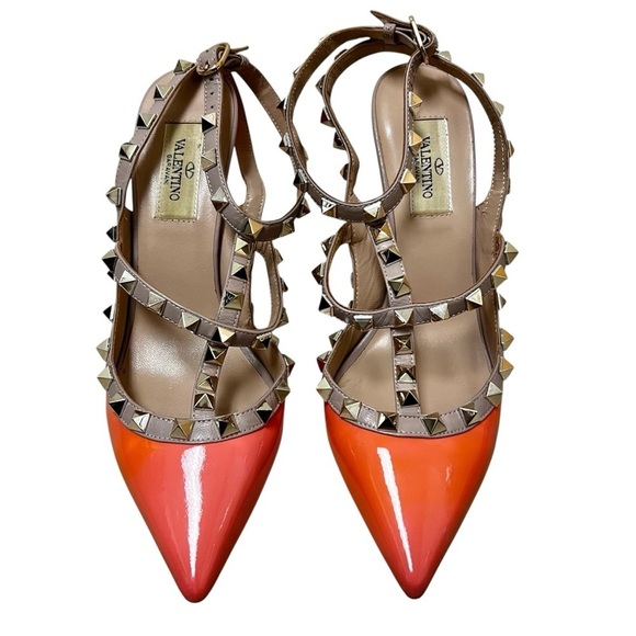 Valentino Shoes - Valentino 6 Calfskin Nappa Rockstud T-Strap Patent Orange Poudre Pumps Heels